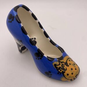 Robin Sterling Pottery High Heel Blue Shoe Cat Paw Prints Checker Hand Painted